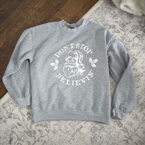 Gildan Tops - Unisex Don't Stop Believin' Santa Long Sleeve Christmas Sweatshirt Size Medium